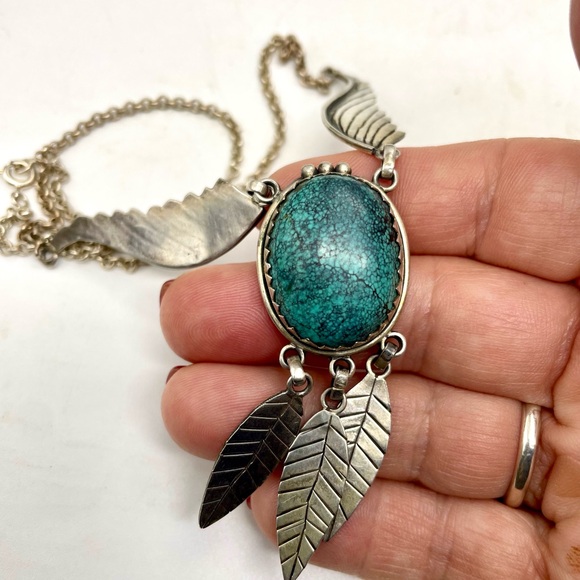 Vtg Genuine Spiderweb Turquoise 925 Sterling Silver Bib Necklace NA - Picture 6 of 9